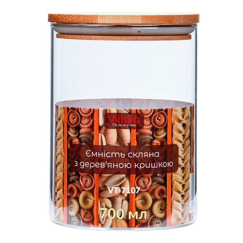 VT-7107 Ємність скляна з дерев'яною кришкою Vittora, 700 мл