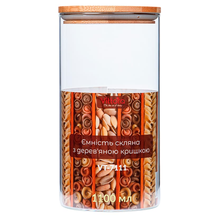 VT-7111 Ємність скляна з дерев'яною кришкою Vittora, 1100 мл