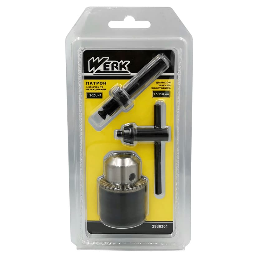 Патрон для дриля з ключем і перех. - 1/2'', 1.5-13мм, блістер (WERK)