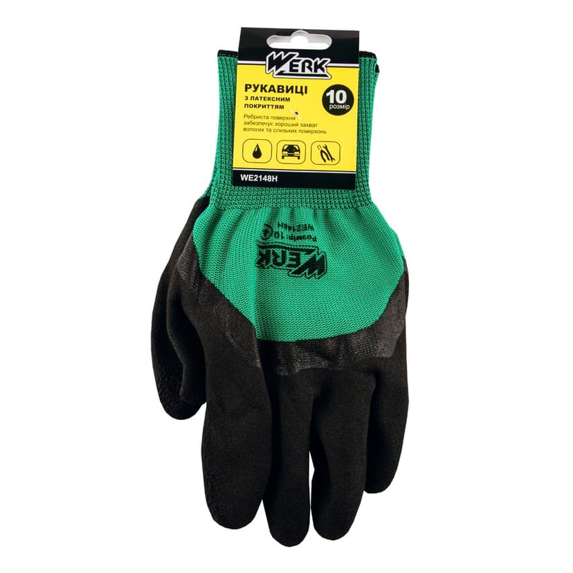 (WE2148H) Рукавички ПЕ зелені, з чорним латексним покриттям WERK з підв.