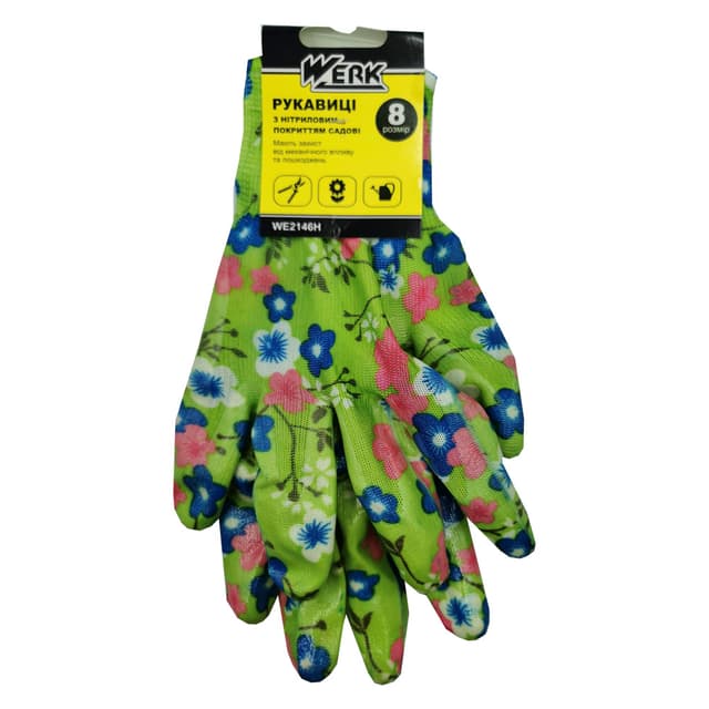 (WE2146H) Рукавички робочі (сад-город) з нітриловим покриттям зелена квітка WERK з підв.