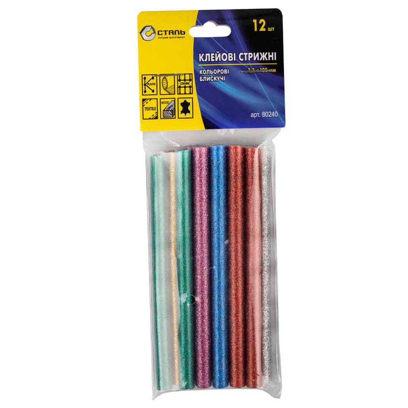 Клейові стрижні - 7,2х100мм КОЛЬОРОВІ БЛИСКУЧІ 12шт.в уп. (80240) (СТАЛЬ) 6 кольорів по 2 стрижні