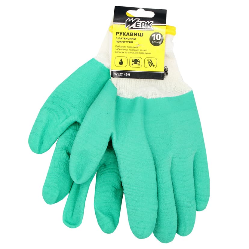 (WE2149H) Рукавички ПЕ білі, з зеленим ребристим латексним покриттям WERK з підв.