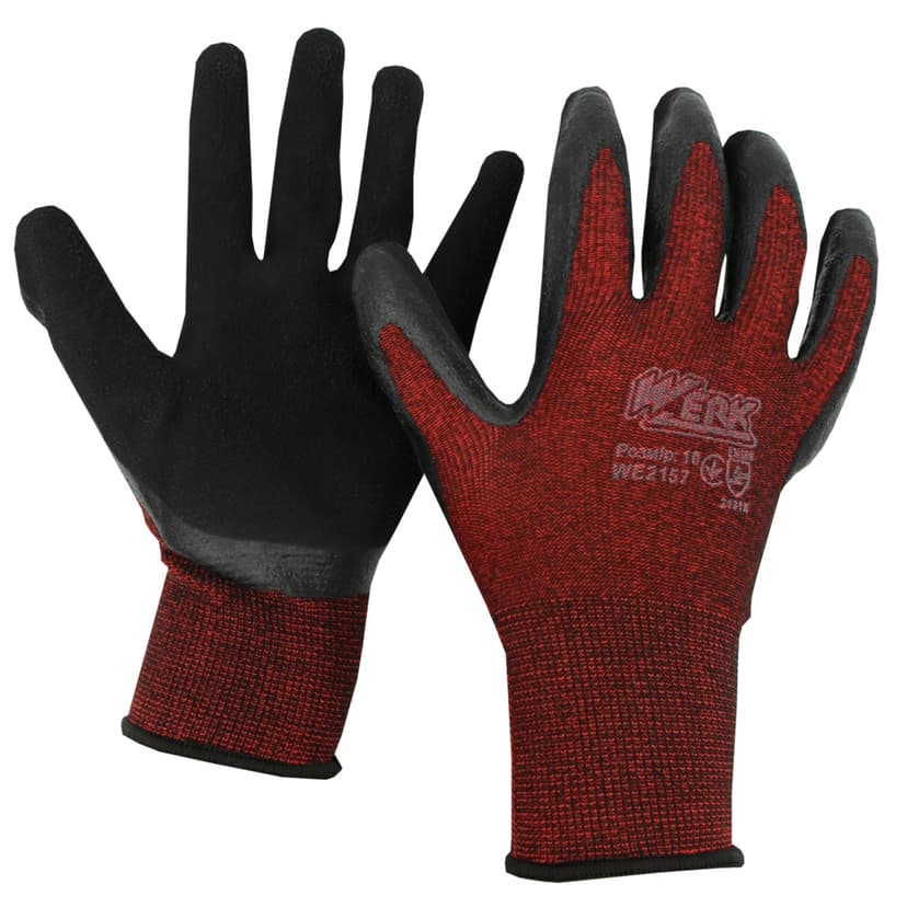 (WE2157) Рукавички ПЕ спандекс бордові, з чорним латексним покриттям WERK