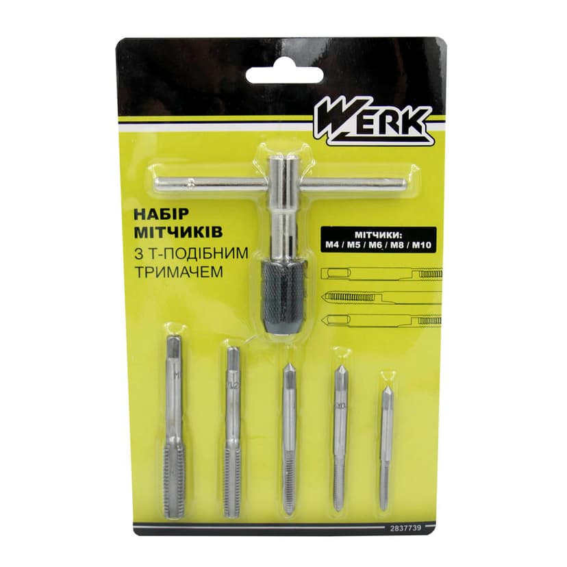 Набір мітчиків з Т-подібним тримачем 6 од. (4x0.7, 5x0.8, 6x1.0, 8x1.25, 10x1.5 мм) (WERK)