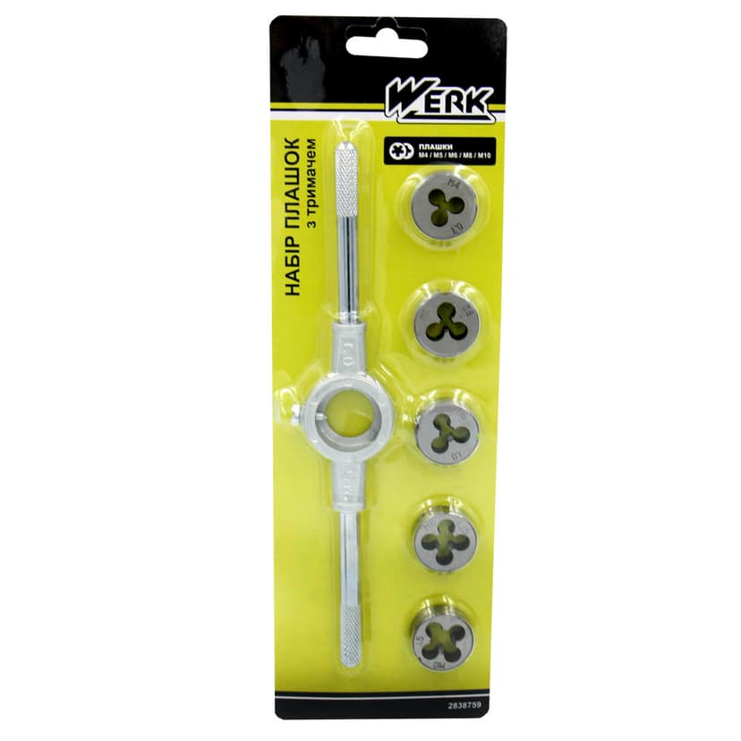 Набір плашок з тримачем 6 од. (4x0.7, 5x0.8, 6x1.0, 8x1.25, 10x1.5 мм) (WERK)
