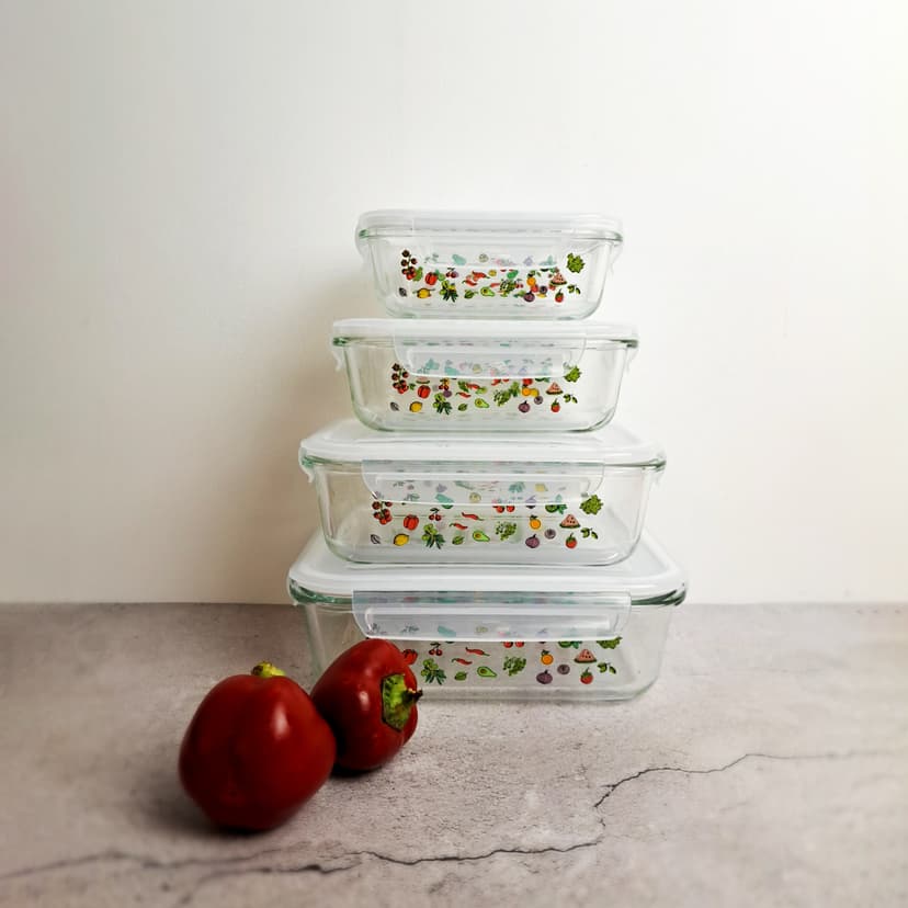 VT-7763 Харчовий контейнер скляний з пластиковою кришкою, прямокутний з малюнком VITTORA, 630 мл