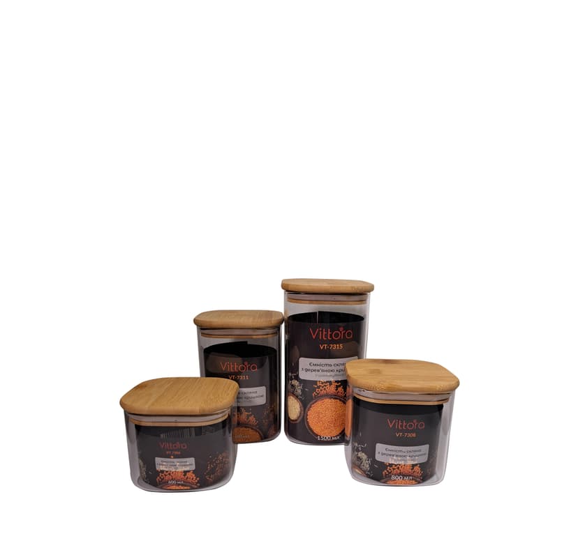 VT-7306 Ємність скляна з дерев'яною кришкою (прямокутна) Vittora, 600 мл