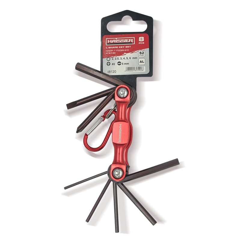 (48120) Набір розкл. Г-под. ключів HEX, SL5, PH2, 8 од., S2, алюм. корп., HAISSER