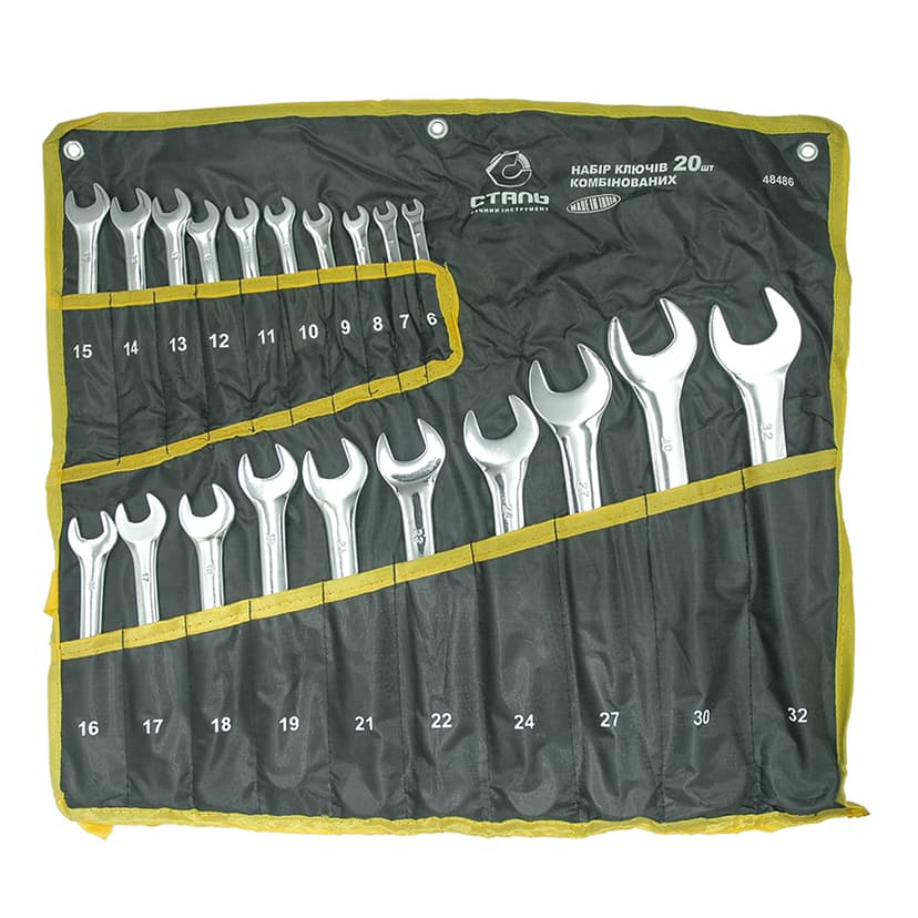 (48486) Набір ключів комбінованих 20 шт. Cr-V дзеркальне покриття в чохлі СТАЛЬ
