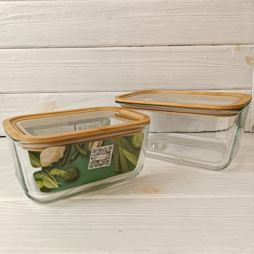 VT-8680 Харчовий контейнер скляний з скляною дерев'яною кришкою, прямокутний VITTORA, 800 мл