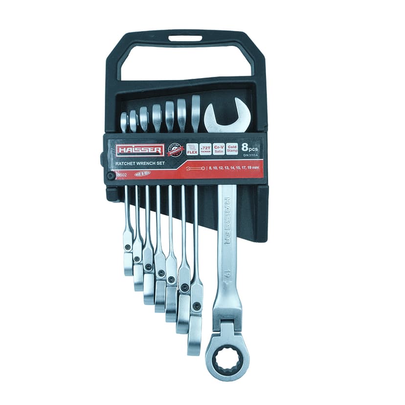 (48502) Набір ключів комбінованих з тріскачкою і шарніром 8 шт. 8-19мм CRV Cold Stamped HAISSER