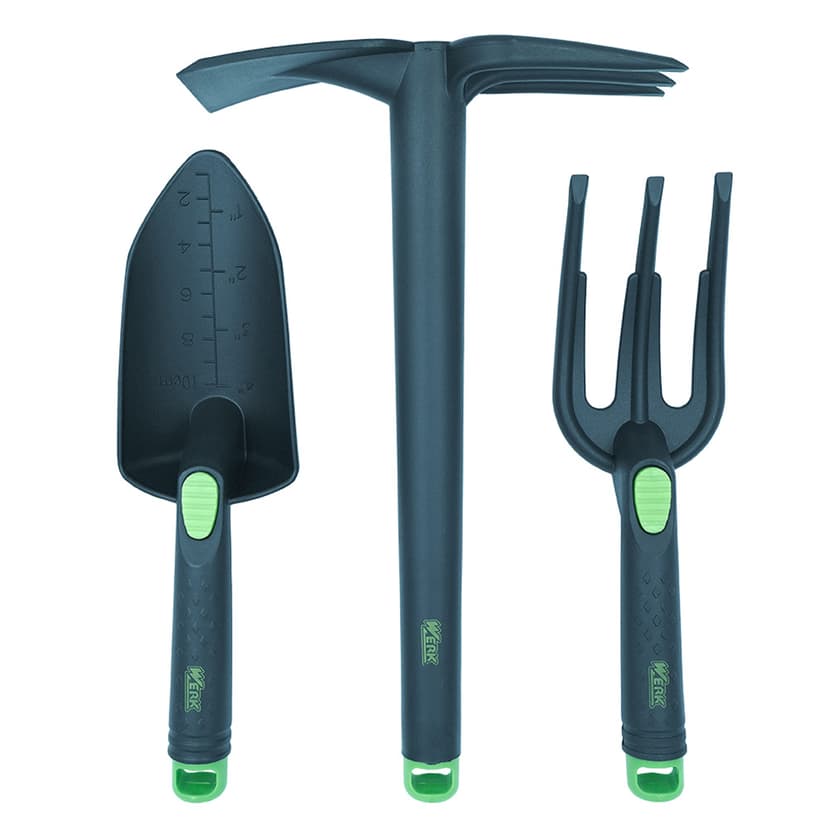 (81077) Набір міні інструментів садових 3 шт. (мотика двост., вила, лопатка) 280-303мм пластик. WERK
