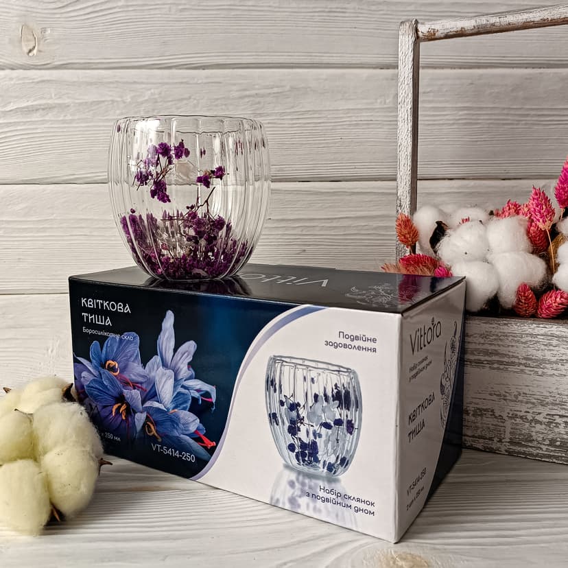 VT-5414-250 Набір склянок Квіткова тиша з подвійним дном VITTORA, 2шт, 250мл