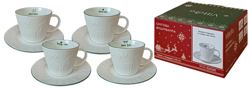 VT-C-324240 Чашка з блюдцем Снігова вишиванка Vittora, 240 мл