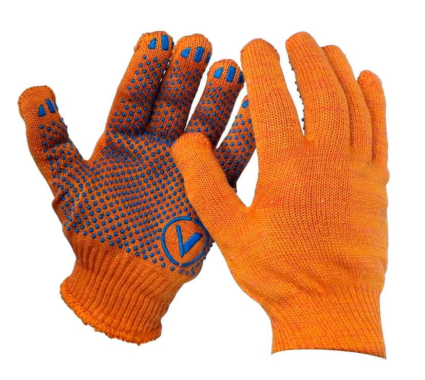 (21105-V) Рукавички ХБ/ПЕ помаранч., синій ПВХ крапка+знак V