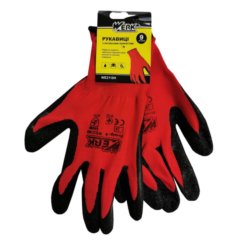 (WE2110H) Рукавички ПЕ червоні, з чорним латексним покриттям р.10 WERK з підв.
