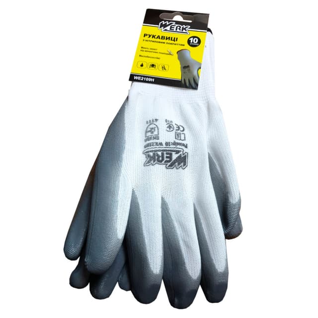 (WE2109H) Рукавички поліестер білі, з сірим нітриловим покриттям р.10 WERKз підв.