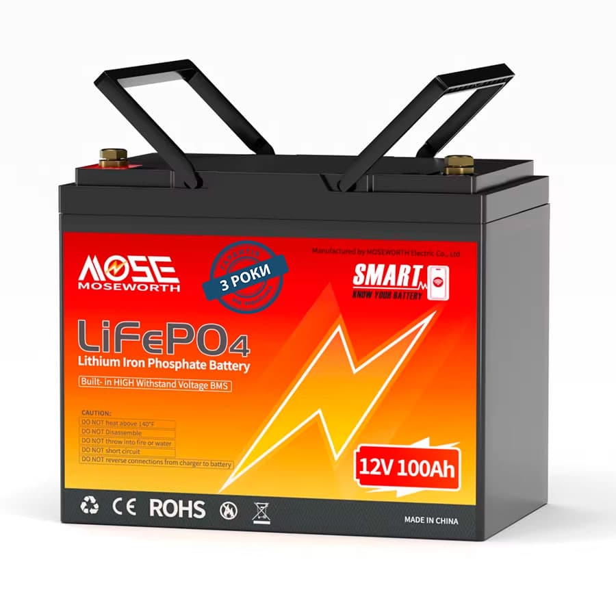 Літій-залізо-фосфатний акумулятор MOSEWORTH LiFePO4 12V 100 Ah Smart, 1280Wh, BMS 100A