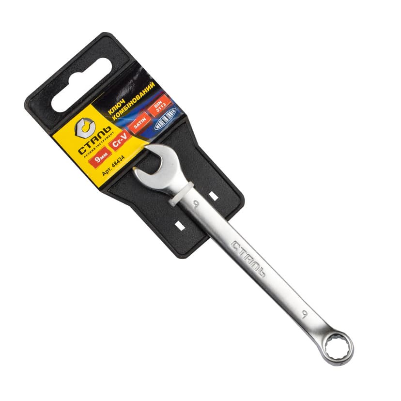 (48434) Ключ комбінований Cr-V Satin 9мм з підвіскою СТАЛЬ
