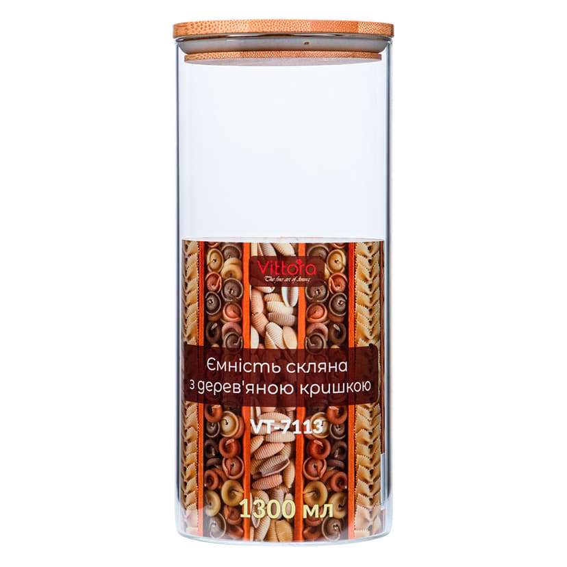 VT-7113 Ємність скляна з дерев'яною кришкою Vittora, 1300 мл