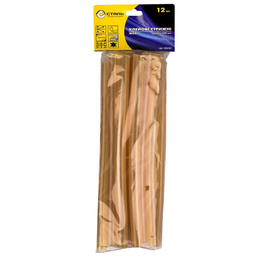 Клейові стрижні - 11,2х200мм ЖОВТІ 12шт. в упак. (80230) (СТАЛЬ)