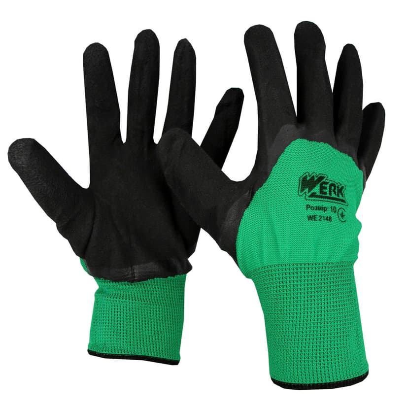 (WE2148) Рукавички ПЕ зелені, з чорним латексним покриттям WERK