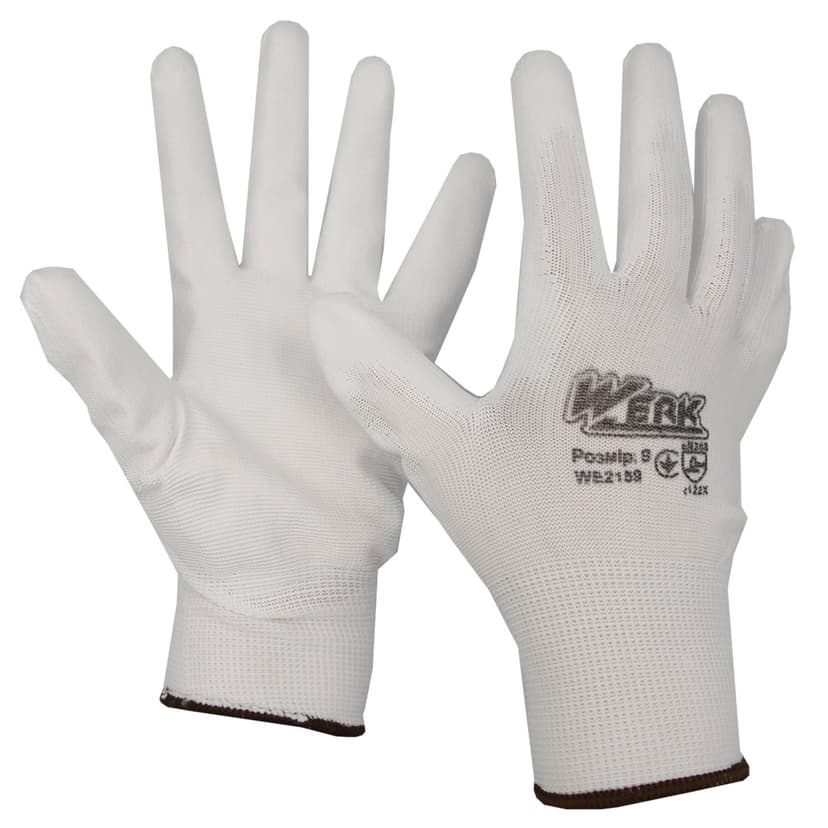 (WE2159) Рукавички трикотажні ПЕ, білий колір, біле ПУ покр. 9р. WERK
