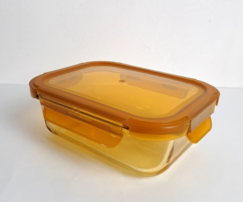 VT-7810 Харчовий контейнер скляний з пластиковою кришкою, прямокутний Бурштин VITTORA, 1040 мл
