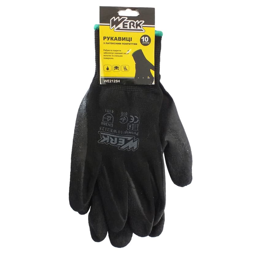 (WE2125H) Рукавички поліестер чорні, з чорним латексним покриттям WERK з підв.